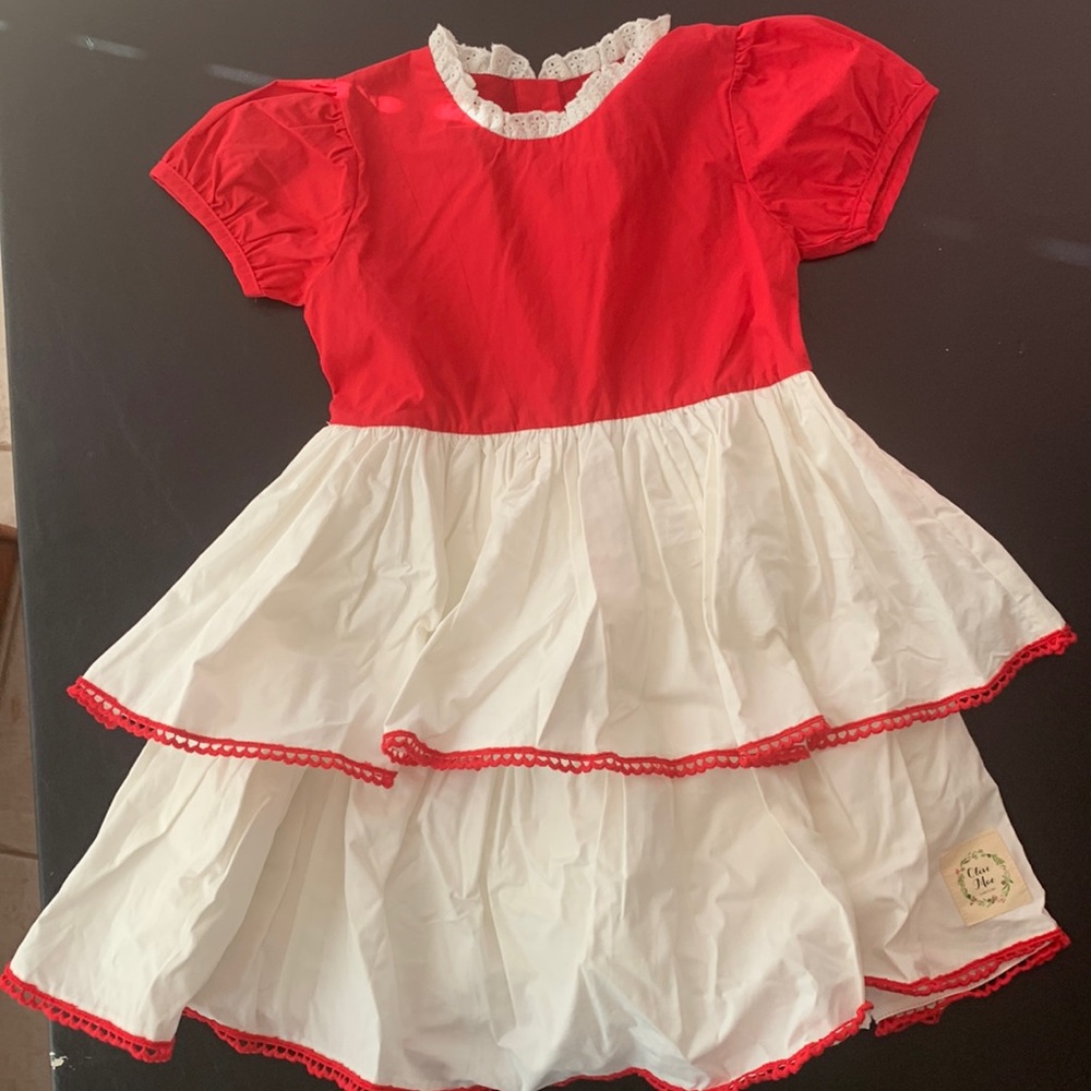 Red and white Olive Mae flare dress.